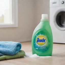 A vivid image showcasing a bottle of liquid detergent next to a pile of laundry ready to be cleaned.