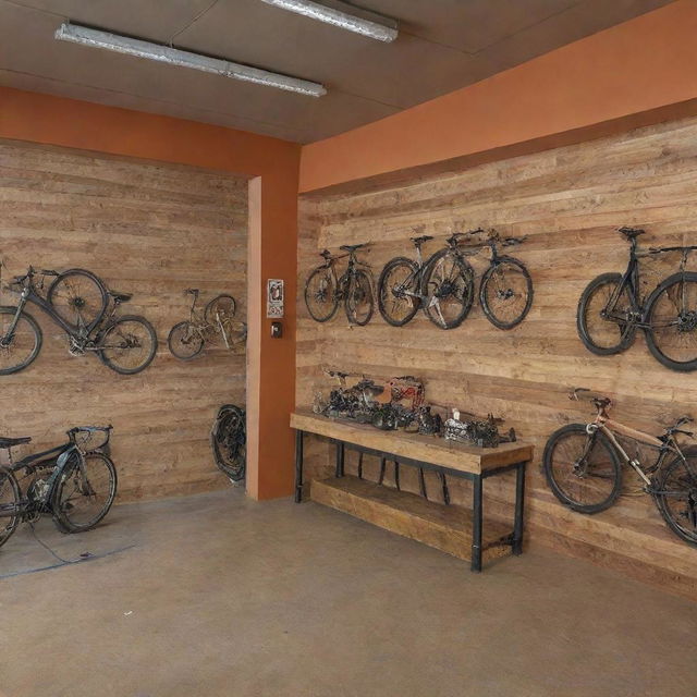 Fabricate an image showing both outside and inside views of 'Paradigm Pedal and Gears Co.' shop. 'PARADIGM' should appear prominently on its exterior, painted in bright, earth-toned colors. The interior should reveal a vivacious bike shop.