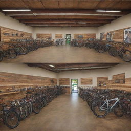 Fabricate an image showing both outside and inside views of 'Paradigm Pedal and Gears Co.' shop. 'PARADIGM' should appear prominently on its exterior, painted in bright, earth-toned colors. The interior should reveal a vivacious bike shop.