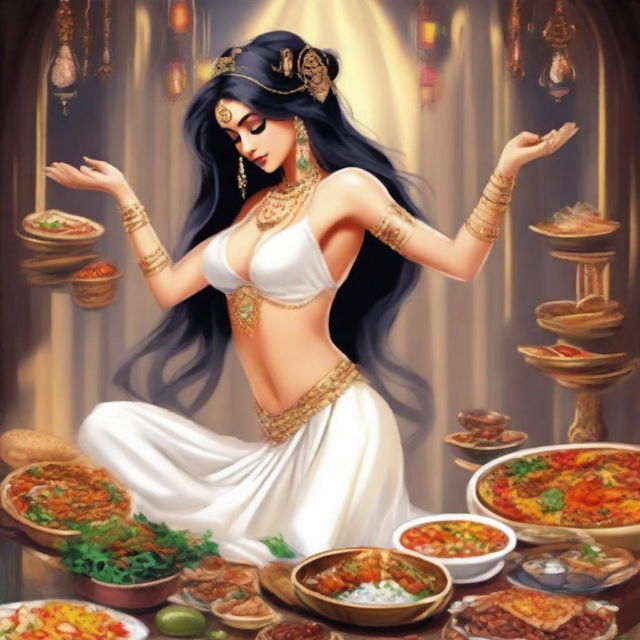 An engaging digital art image depicting a white belly dancer indulging in a food feast