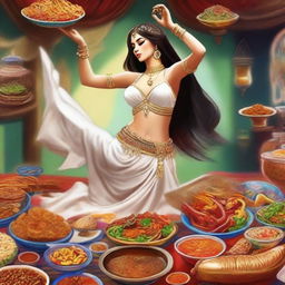 An engaging digital art image depicting a white belly dancer indulging in a food feast