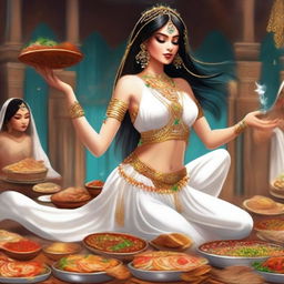 An engaging digital art image depicting a white belly dancer indulging in a food feast