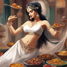 An engaging digital art image depicting a white belly dancer indulging in a food feast