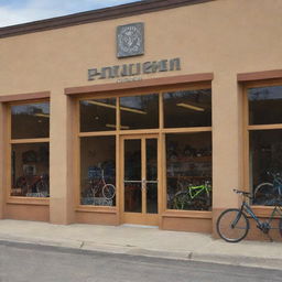 Fabricate an image showing both outside and inside views of 'Paradigm Pedal and Gears Co.' shop. 'PARADIGM' should appear prominently on its exterior, painted in bright, earth-toned colors. The interior should reveal a vivacious bike shop.