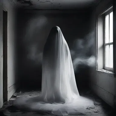 The ghostly apparition emerged from the shadows, its tattered chlamys billowing behind it, creating an eerie and haunting sight.