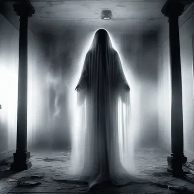 The ghostly apparition emerged from the shadows, its tattered chlamys billowing behind it, creating an eerie and haunting sight.