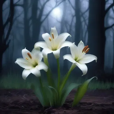 In the eerie moonlight, the chlamys of the ghostly white lilies cast haunting shadows on the desolate graveyard.