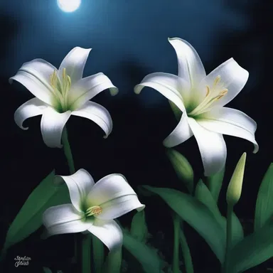 In the eerie moonlight, the chlamys of the ghostly white lilies cast haunting shadows on the desolate graveyard.