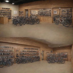 Fabricate an image showing both outside and inside views of 'Paradigm Pedal and Gears Co.' shop. 'PARADIGM' should appear prominently on its exterior, painted in bright, earth-toned colors. The interior should reveal a vivacious bike shop.