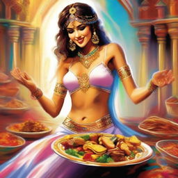 A lively digital art image illustrating a white belly dancer generously offering food