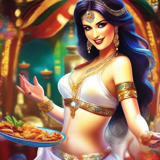 A lively digital art image illustrating a white belly dancer generously offering food