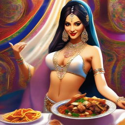 A lively digital art image illustrating a white belly dancer generously offering food