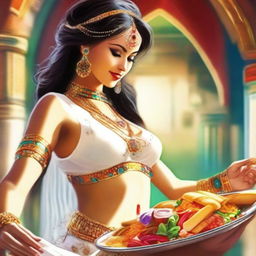 A lively digital art image illustrating a white belly dancer generously offering food