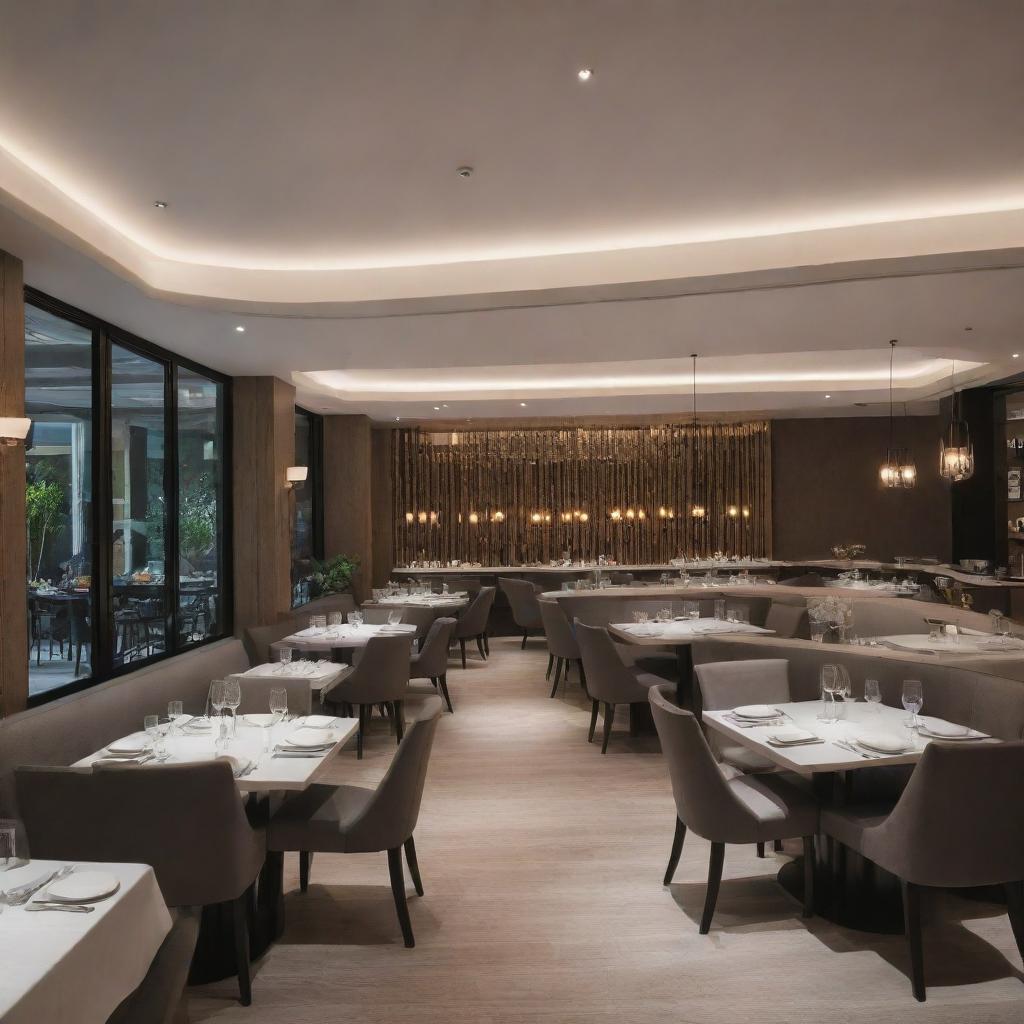 A 700 square meter restaurant interior perspective with elegant design elements, well-spaced dining tables, ambient lighting and chic décor