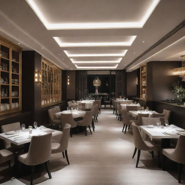 A 700 square meter restaurant interior perspective with elegant design elements, well-spaced dining tables, ambient lighting and chic décor