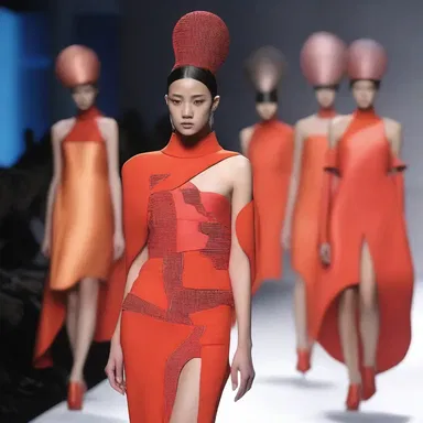 The fashion show featured models wearing bold and avant-garde outfits, including one half-breed dress that combined elements of both traditional and futuristic designs.