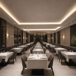 A 700 square meter restaurant interior perspective with elegant design elements, well-spaced dining tables, ambient lighting and chic décor