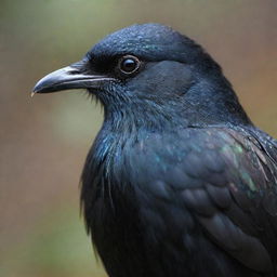 A detailed image of a majestic black bird, surrounded by a flurry of its own iridescent feathers.