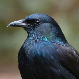 A detailed image of a majestic black bird, surrounded by a flurry of its own iridescent feathers.