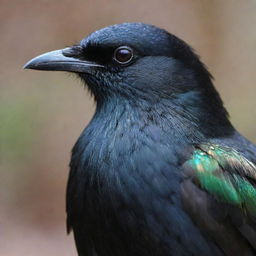 A detailed image of a majestic black bird, surrounded by a flurry of its own iridescent feathers.