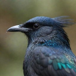 A detailed image of a majestic black bird, surrounded by a flurry of its own iridescent feathers.