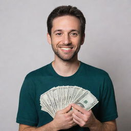 Man confidently holding a stack of $1000 in US currency bills