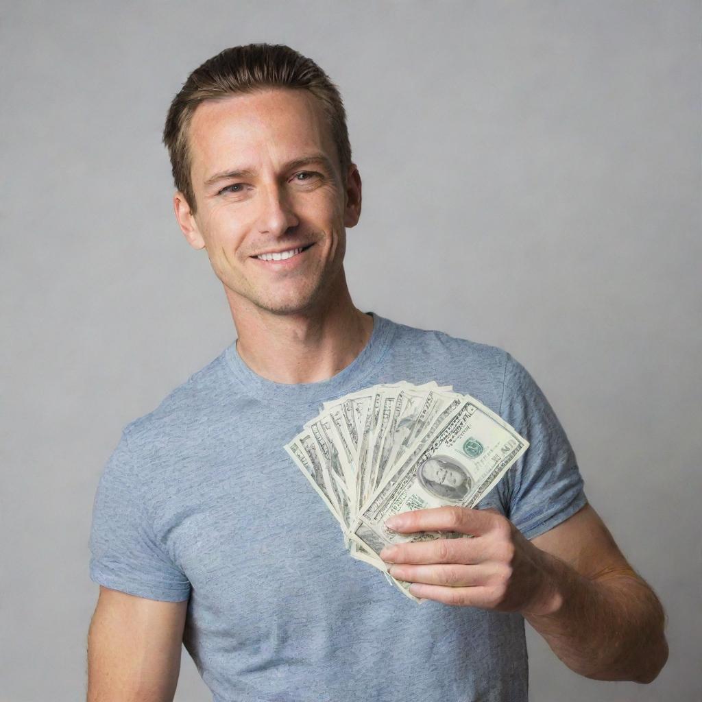 Man confidently holding a stack of $1000 in US currency bills