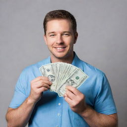 Man confidently holding a stack of $1000 in US currency bills