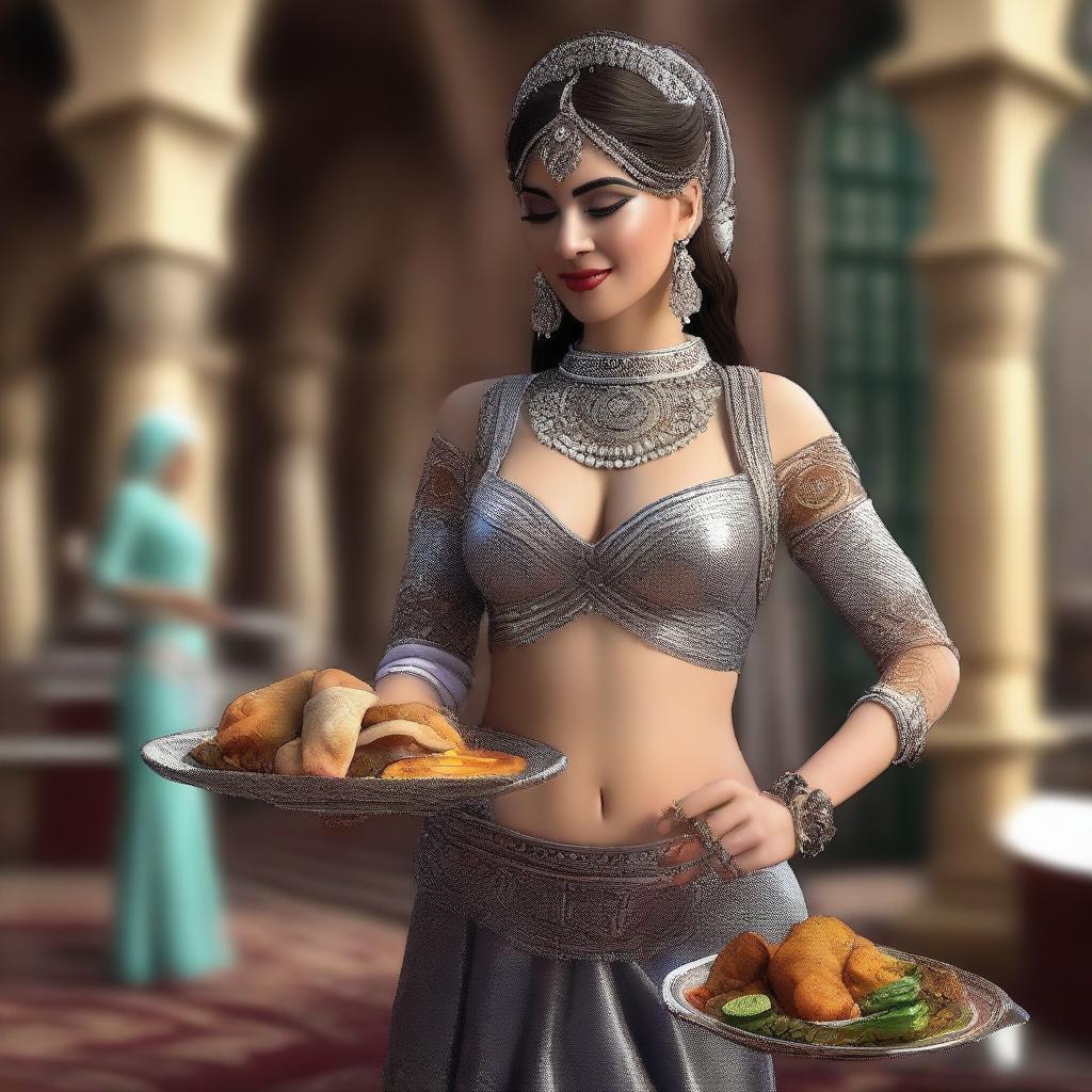 A hyper-realistic 3D render showcasing a scene where a belly dancer is feeding you food