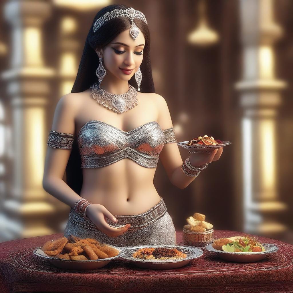 A hyper-realistic 3D render showcasing a scene where a belly dancer is feeding you food