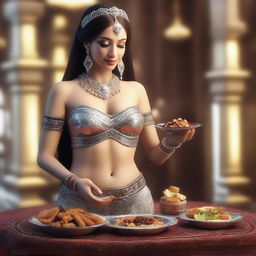 A hyper-realistic 3D render showcasing a scene where a belly dancer is feeding you food