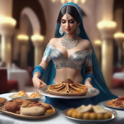 A hyper-realistic 3D render showcasing a scene where a belly dancer is feeding you food