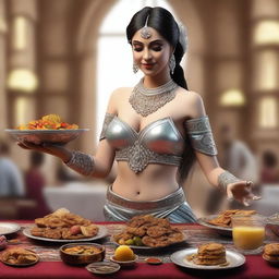 A hyper-realistic 3D render showcasing a scene where a belly dancer is feeding you food