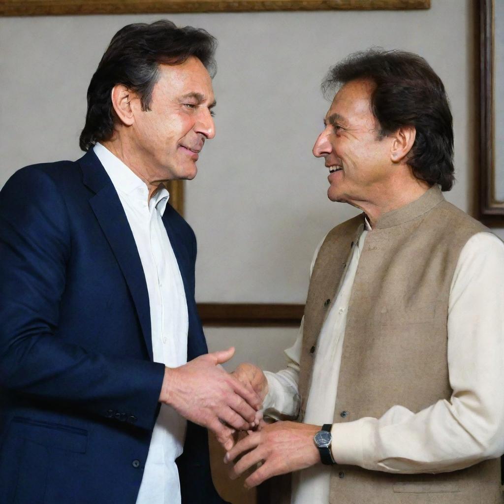 An image of two people, one closely resembling the likeness of Imran Khan, the Prime Minister of Pakistan, in a friendly interaction.