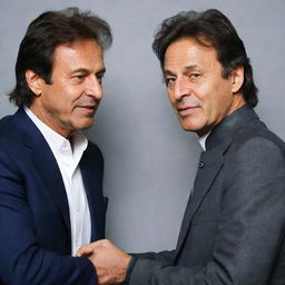 An image of two people, one closely resembling the likeness of Imran Khan, the Prime Minister of Pakistan, in a friendly interaction.