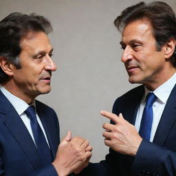 An image of two people, one closely resembling the likeness of Imran Khan, the Prime Minister of Pakistan, in a friendly interaction.