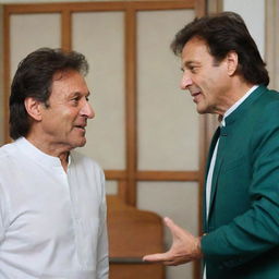 An image of two people, one closely resembling the likeness of Imran Khan, the Prime Minister of Pakistan, in a friendly interaction.