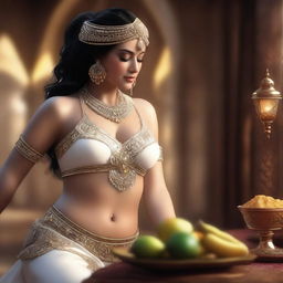 A hyper-realistic 3D render of a scene where a white belly dancer is hand-feeding you