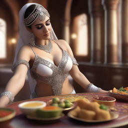 A hyper-realistic 3D render of a scene where a white belly dancer is hand-feeding you