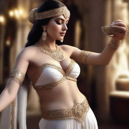 A hyper-realistic 3D render of a scene where a white belly dancer is hand-feeding you