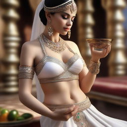 A hyper-realistic 3D render of a scene where a white belly dancer is hand-feeding you