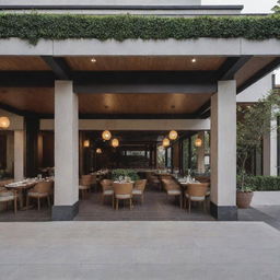 An exterior perspective of a 700 square meter restaurant featuring rich architectural details and inviting ambiance.