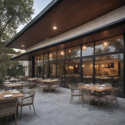 An exterior perspective of a 700 square meter restaurant featuring rich architectural details and inviting ambiance.