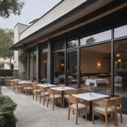 An exterior perspective of a 700 square meter restaurant featuring rich architectural details and inviting ambiance.