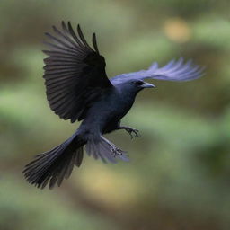 A majestic black bird in mid-flight, surrounded by a cascade of its own feathers.