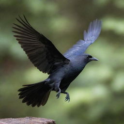 A majestic black bird in mid-flight, surrounded by a cascade of its own feathers.