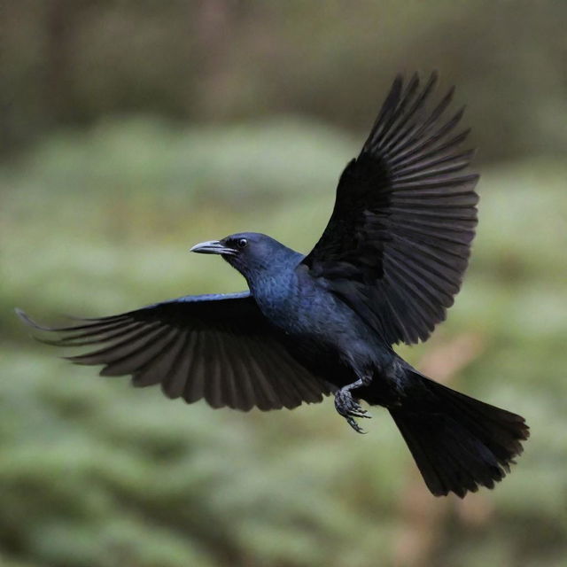 A majestic black bird in mid-flight, surrounded by a cascade of its own feathers.