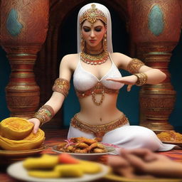 A highly detailed 3D render portrays a white belly dancer in the act of hand-feeding food to the viewer