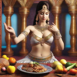 A highly detailed 3D render portrays a white belly dancer in the act of hand-feeding food to the viewer