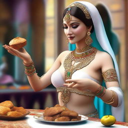 A highly detailed 3D render portrays a white belly dancer in the act of hand-feeding food to the viewer